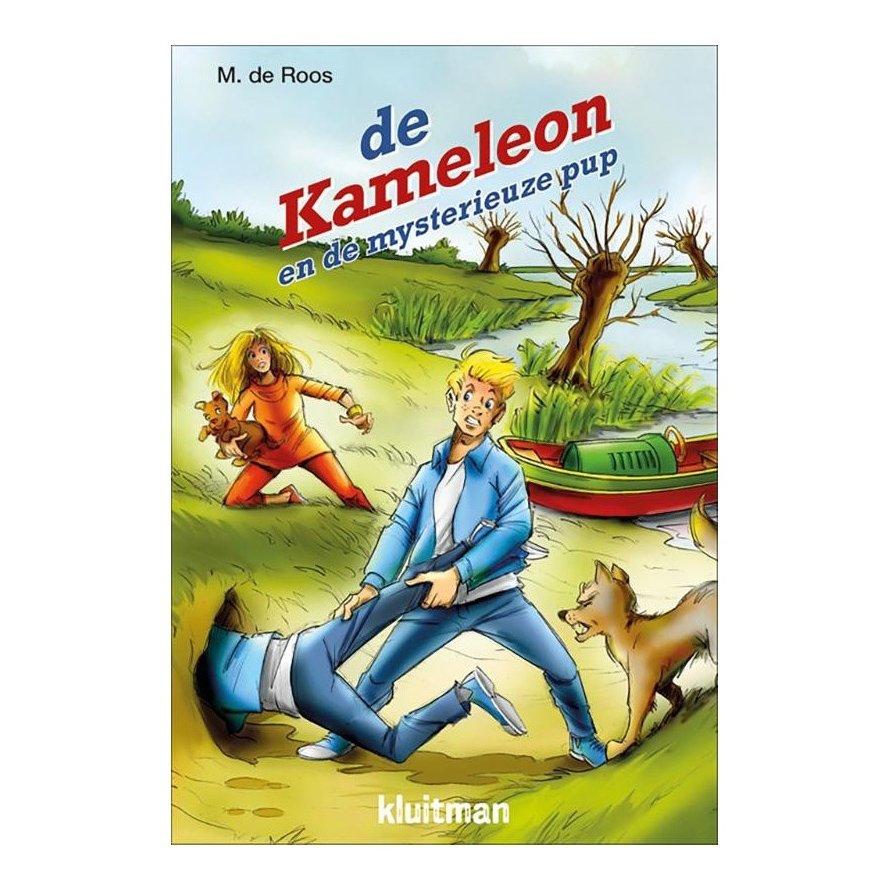 Boekcover De Kameleon en de mysterieuze pup met avontuurlijke scène aan het water De Kameleon en de Mysterieuze Pup