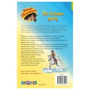 Achterkant van kinderboek De trouwe pony uit Manege de Zonnehoeve met samenvatting en illustratie van meisje op springende pony