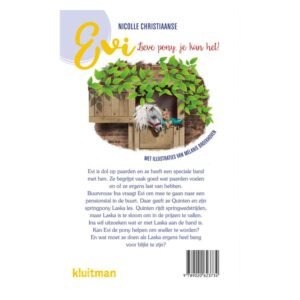 Achterkant kinderboek Evi Lieve pony je kan het met meisje en pony in stalillustratie