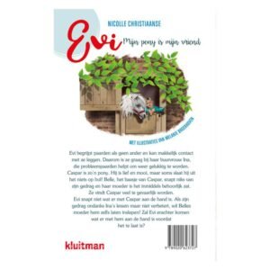 Achterkant van kinderboek Evi – Mijn pony is mijn vriend met illustratie van meisje en witte pony in stal