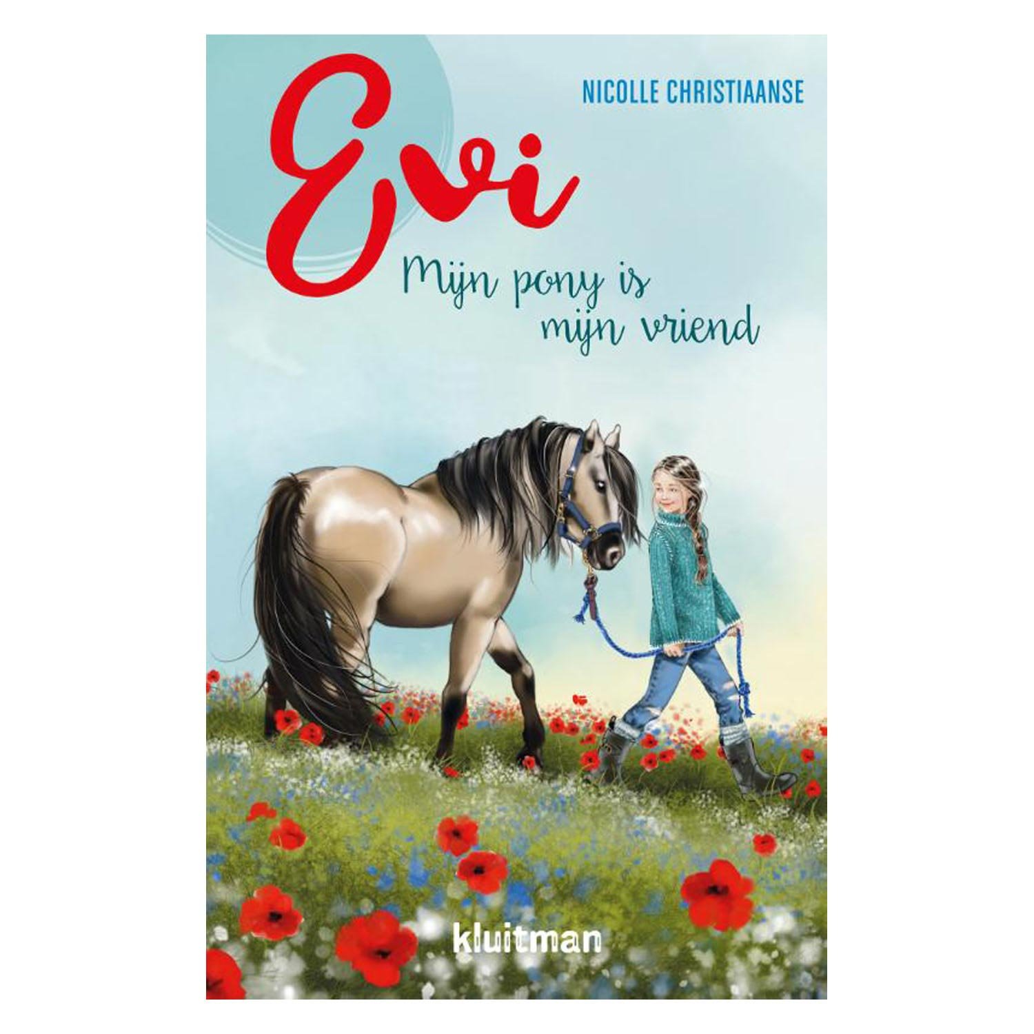uitgeverij-kluitman-evi-mijn-pony-is-mijn-vriend-voorkant-boekcover Boekomslag Evi - Mijn pony is mijn vriend met meisje dat pony leidt door bloemenveld