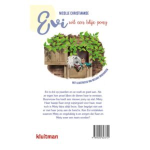 Achterkant van het kinderboek Evi wil een blije pony met illustratie van meisje en witte pony in stal
