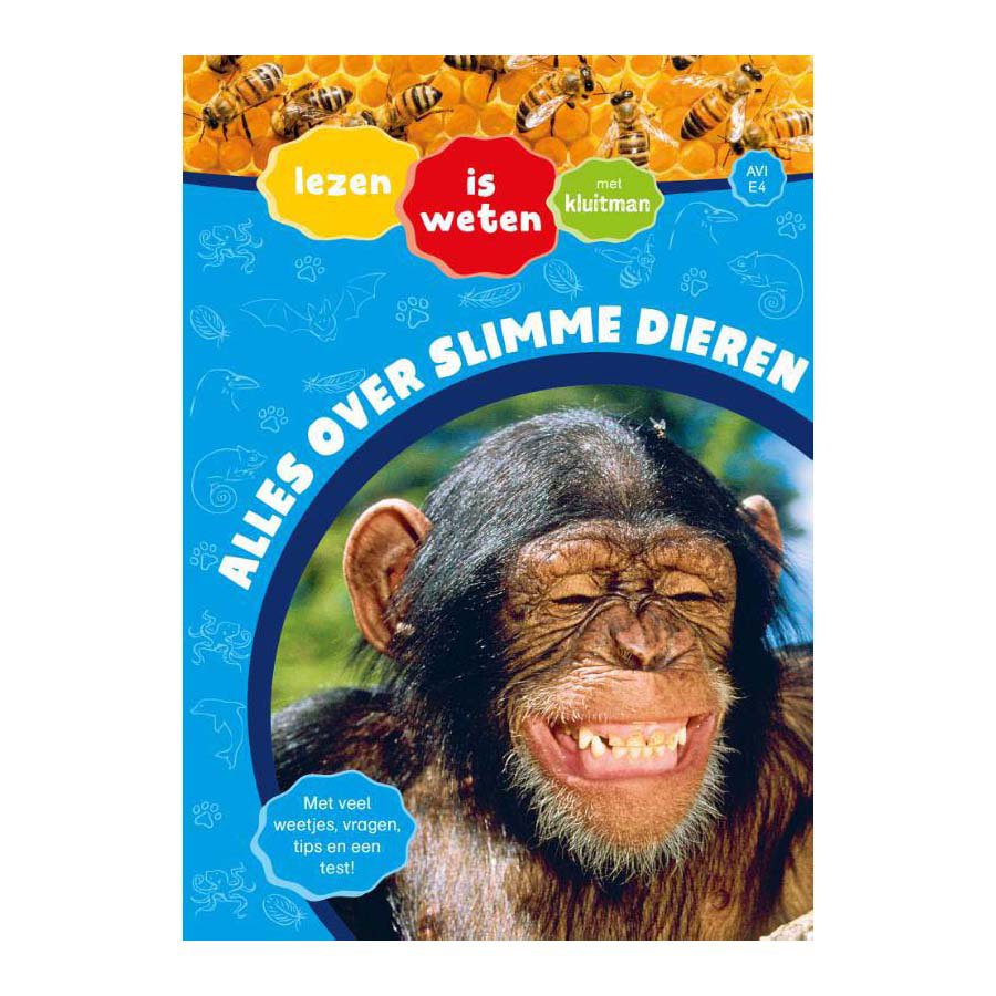 uitgeverij-kluitman-voorkant-alles-over-slimme-dieren-boek Voorkant van kinderboek Alles over slimme dieren met lachende chimpansee en honingraat ontwerp Alles Over Slimme Dieren AVI E4