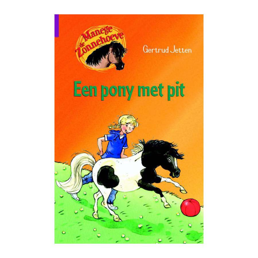 uitgeverij-kluitman-voorkant-een-pony-met-pit-kinderboek-pony Voorkant kinderboek Manege de Zonnehoeve - Een pony met pit met meisje op zwart-witte pony