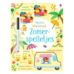 Boekcover voorzijde van uitwisboek zomerspelletjes met zomerse illustratie