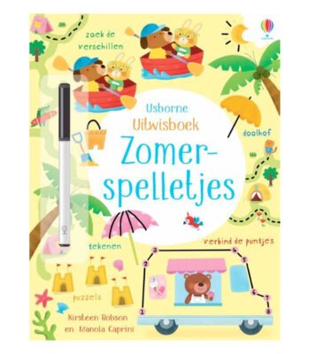 Boekcover voorzijde van uitwisboek zomerspelletjes met zomerse illustratie