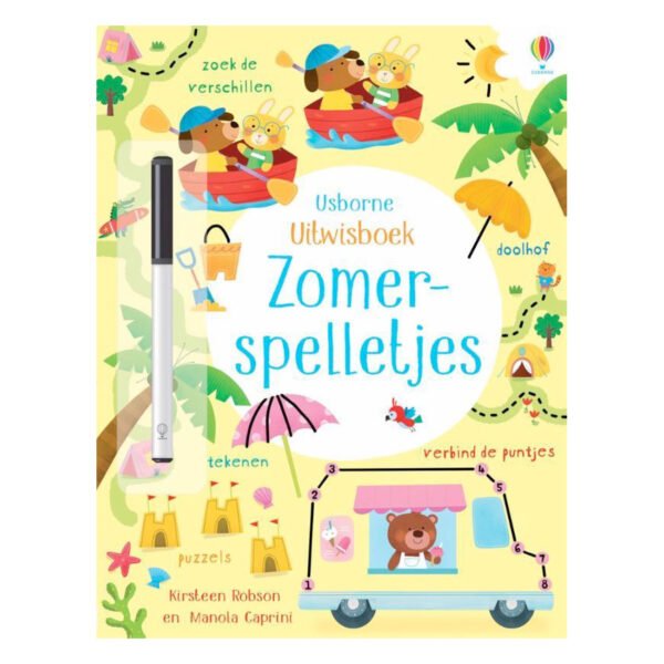 Boekcover voorzijde van uitwisboek zomerspelletjes met zomerse illustratie