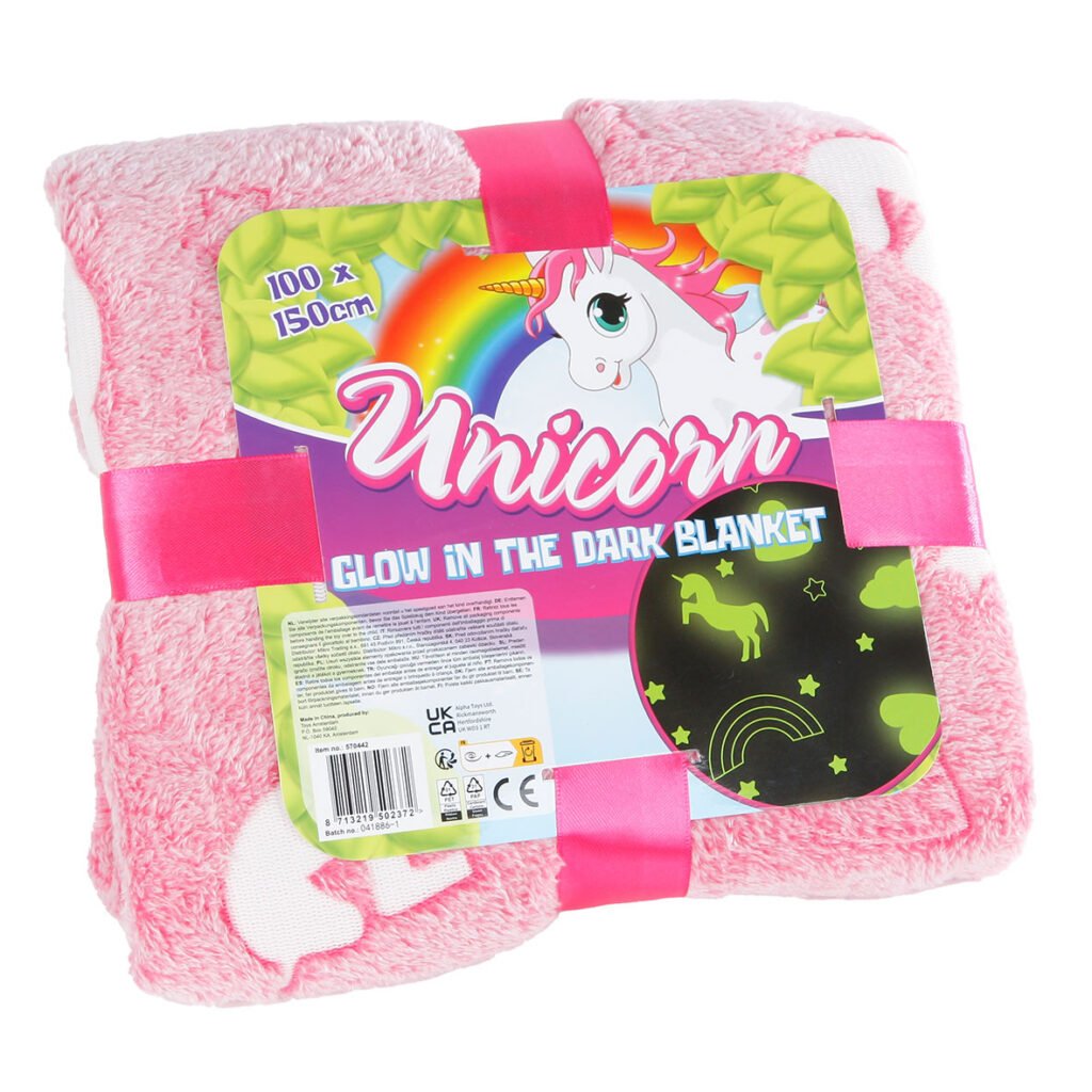 Unicorn glow in the dark blanket 100x150 cm roze verpakt Glow in the Dark Deken Unicorn