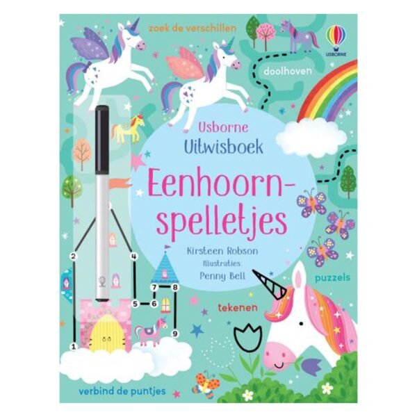 Cover van het Usborne uitwisboek eenhoornspelletjes met regenboog en eenhoorns