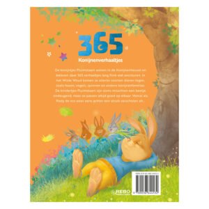 Achterkant van het verhalenboek 365 Konijnenverhaaltjes met liggend konijn en spelende konijntjes op een oranje achtergrond