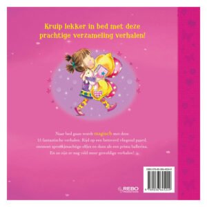 Omslag van het kinderboek ‘Mijn leukste verhalen’ met twee kinderen en knuffels in bed, omringd door sterren