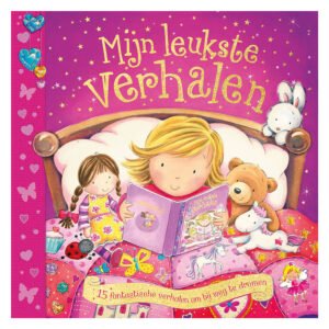 Omslag van verhalenboek Mijn leukste verhalenboek Roze met twee kinderen en knuffels in bed, omringd door sterren