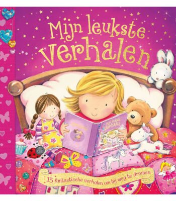 Omslag van verhalenboek Mijn leukste verhalenboek Roze met twee kinderen en knuffels in bed, omringd door sterren