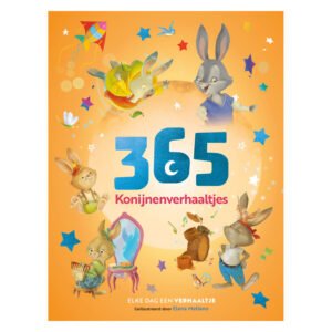 Voorkant van het boek 365 Konijnenverhaaltjes met vrolijke illustraties van spelende konijnen op een oranje achtergrond