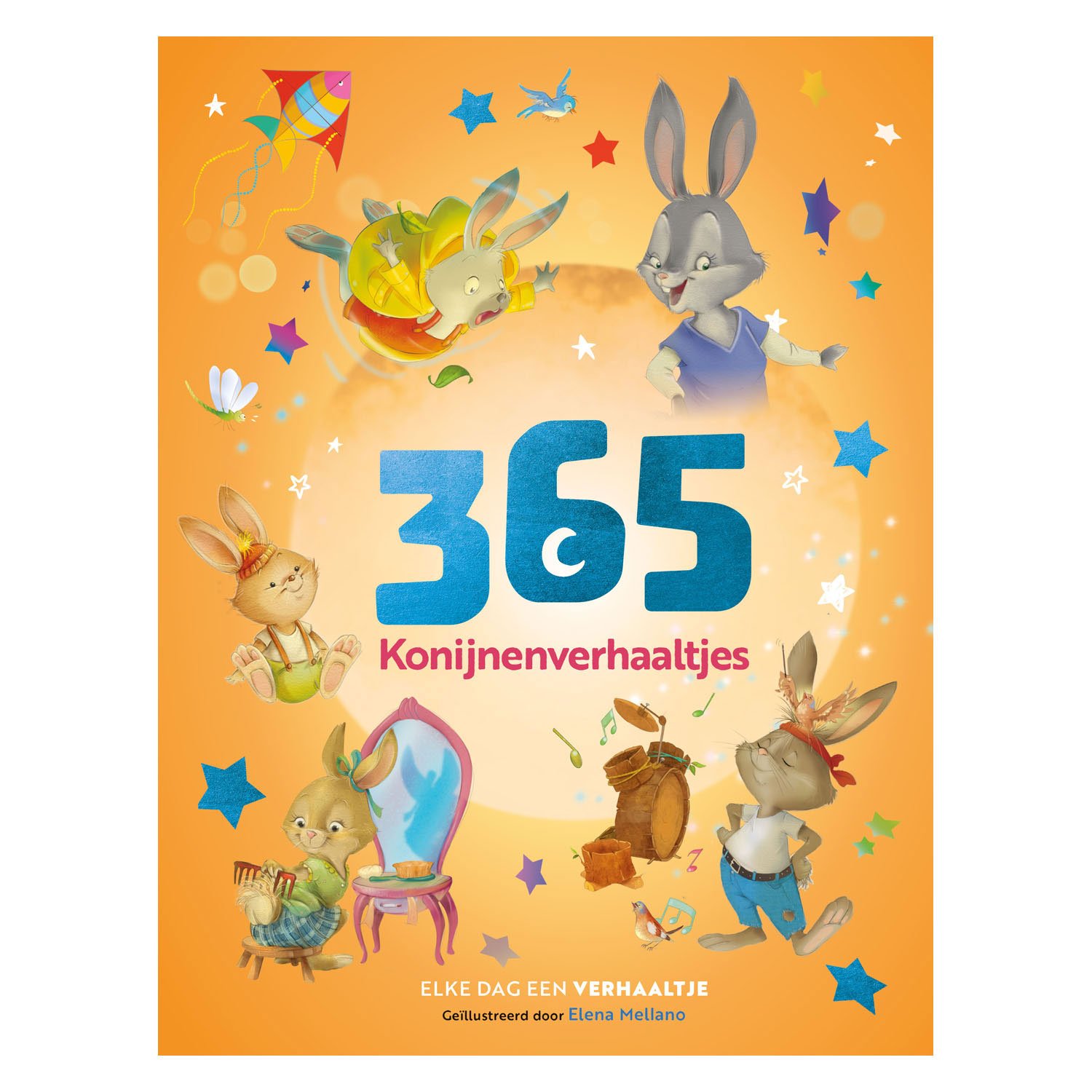 verhalenboek-voorkant-365-konijnenverhaaltjes Voorkant van het boek 365 Konijnenverhaaltjes met vrolijke illustraties van spelende konijnen op een oranje achtergrond