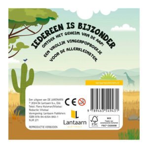 Achterkant vingerpopboek 'Iedereen is bijzonder' met informatie en barcode