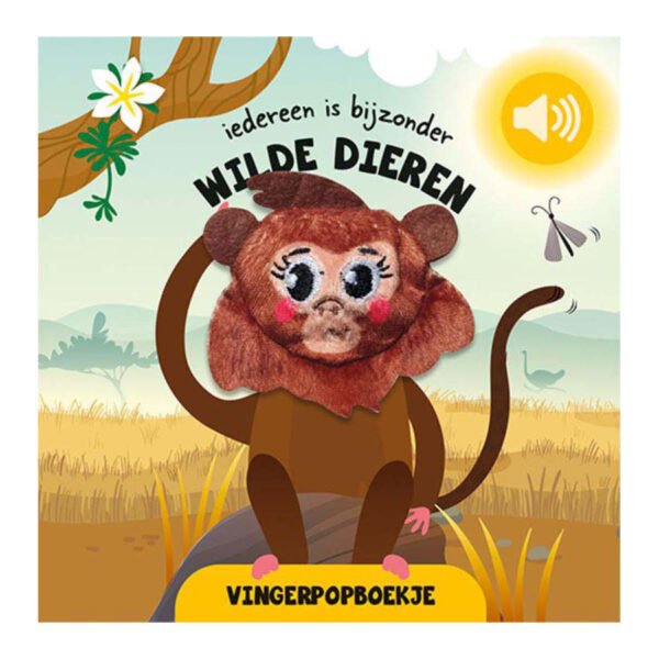 Vrolijke cover van Iedereen is Bijzonder - Wilde dieren vingerpopboekje met aap en tekst 'Wilde Dieren'