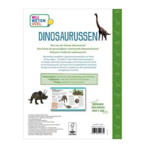 Achterkant van het kinderboek 'Dinosaurussen' met informatie en illustraties over dinosauriërs voor kinderen vanaf 8 jaar
