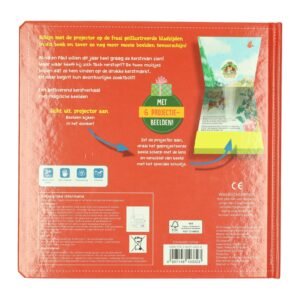 Achterkant van kinder kerst projectorboek met uitleg en productspecificaties