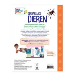 Achterkant van kinderboek over gevaarlijke dieren met slang, spin en boekinformatie