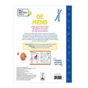 Achterkant van educatief kinderboek over het menselijk lichaam met illustraties en uitleg voor kinderen vanaf 8 jaar