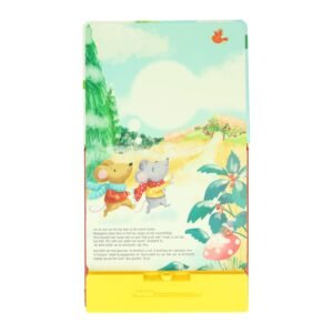 Geïllustreerde kerstboek pagina met muisjes in winterlandschap en projectorfunctie