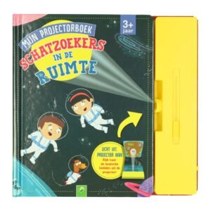 Kinderboek met projector en ruimtereis illustratie met astronauten en hond Mijn Projectorboek Schatzoekers in de Ruimte
