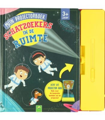 Kinderboek met projector en ruimtereis illustratie met astronauten en hond Mijn Projectorboek Schatzoekers in de Ruimte
