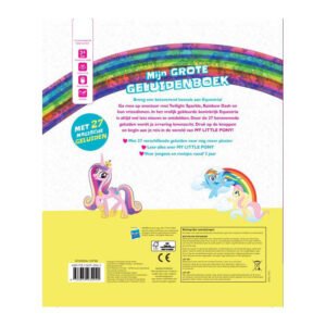 Achterkant van Mijn Grote Geluidenboek van My Little Pony met regenboog en 27 magische geluiden