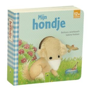 Voorkant Mijn hondje babyboek 12 maanden met stoffen hondenpop Vingerpopboekje Mijn Hondje