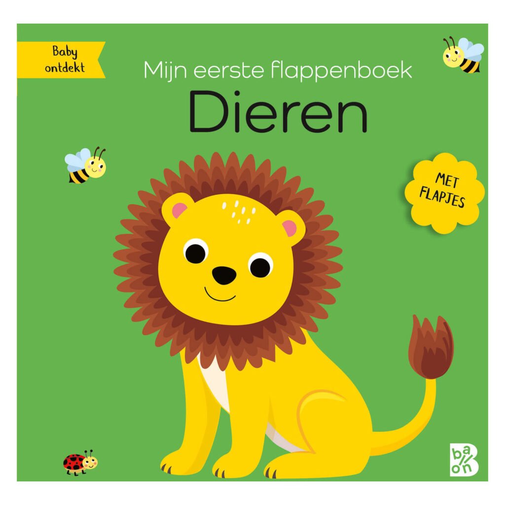 Voorkant van het flapboek 'Mijn eerste flapboek Dieren' met een illustratie van een leeuw Mijn eerste flappenboek - Dieren