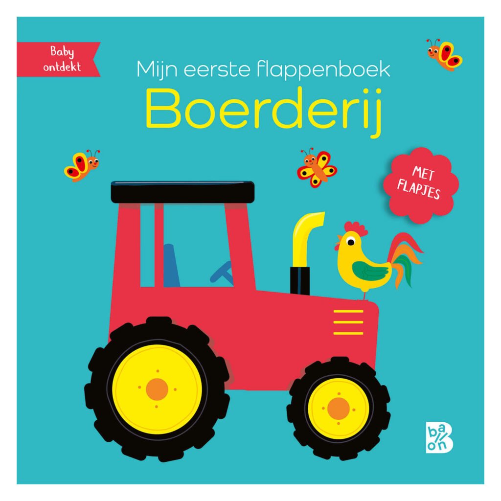 Voorkant kinderboek Mijn eerste flappenboek Boerderij met rode tractor en haan Mijn eerste flappenboek - Boerderij
