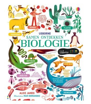 Illustratieve cover van het kinderboek 'Samen Ontdekken Biologie' met dieren, planten en menselijke figuren Samen Ontdekken - Biologie