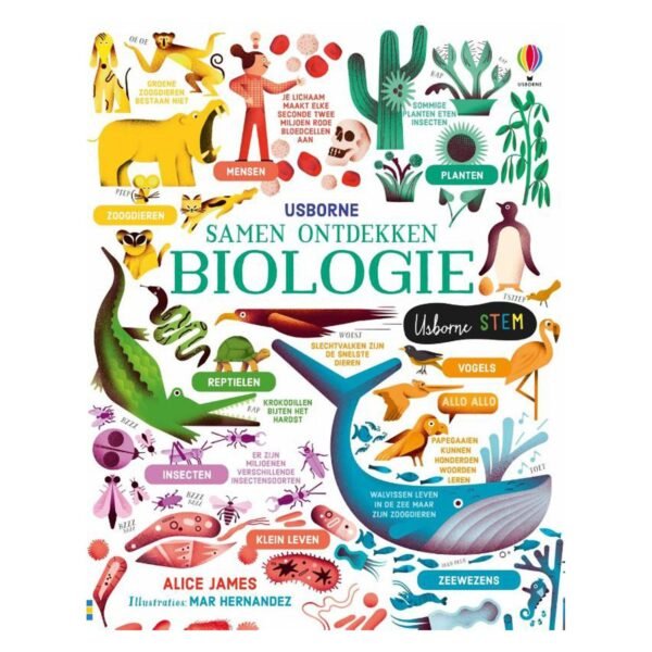 Illustratieve cover van het kinderboek 'Samen Ontdekken Biologie' met dieren, planten en menselijke figuren Samen Ontdekken - Biologie
