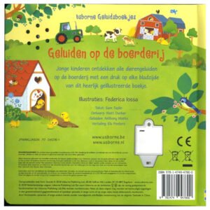 Achterkant van Usborne Geluiden op de boerderij geluidenboek voor jonge kinderen met boerderij illustraties