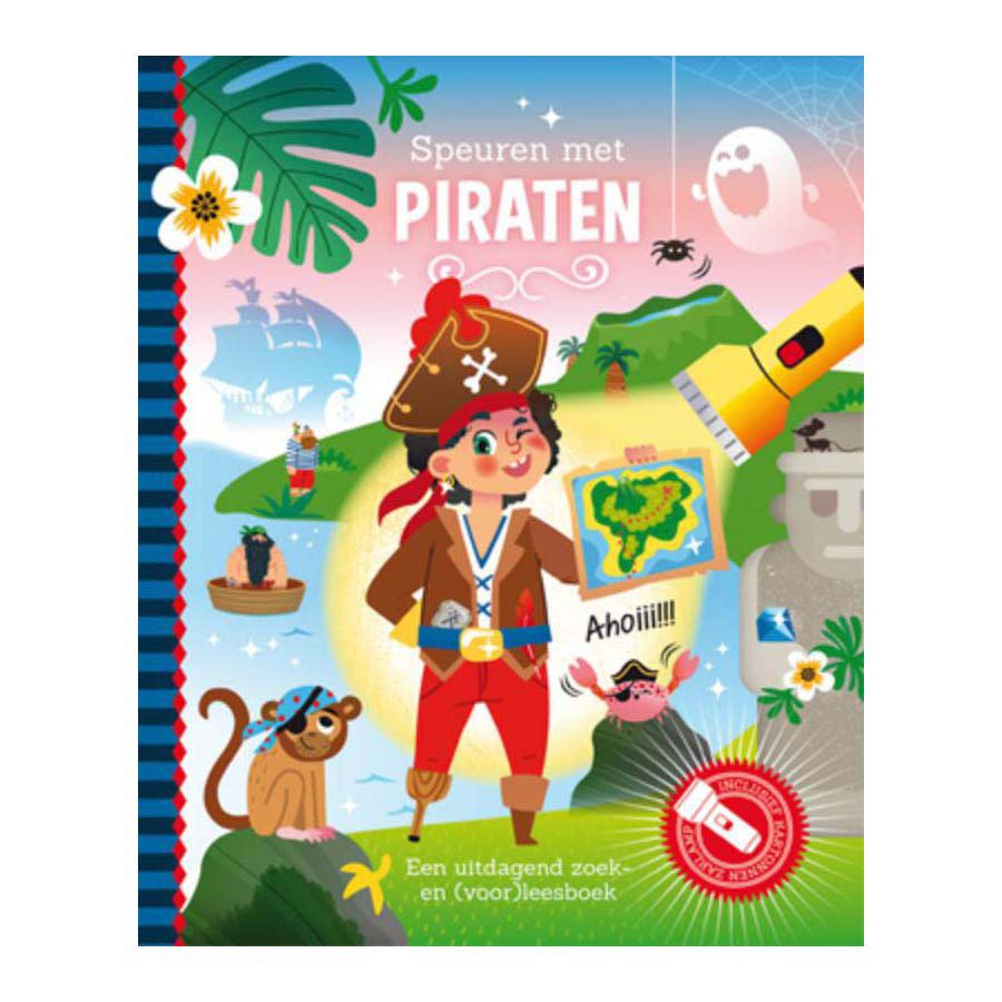 Voorkant Speuren met Piraten zoekboek met Kartonnen Zaklamp met piratenthema voor jonge avonturiers