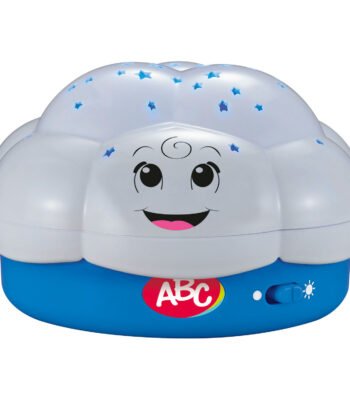 Close-up van wit en blauw wolk baby nachtlampje met stergaatjes ABC Nachtlampje met Geluid