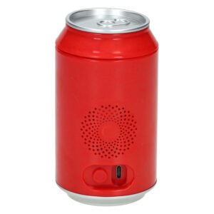 Achterzijde rode USB tafellamp blikvorm met speakergaatjes en oplaadpoort