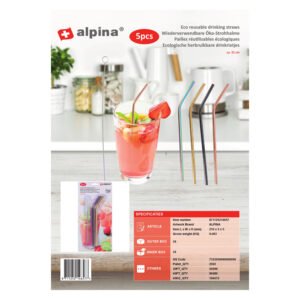 Alpina herbruikbare metalen rietjes set van 5 met schoonmaakborstel en cocktailglas