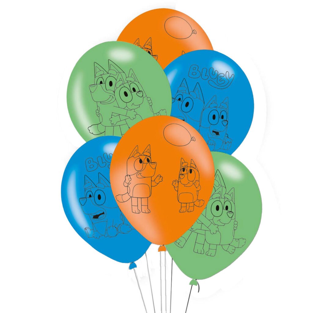 Blauwe, oranje en groene Ballonnen Bluey 6st. voor een themafeest