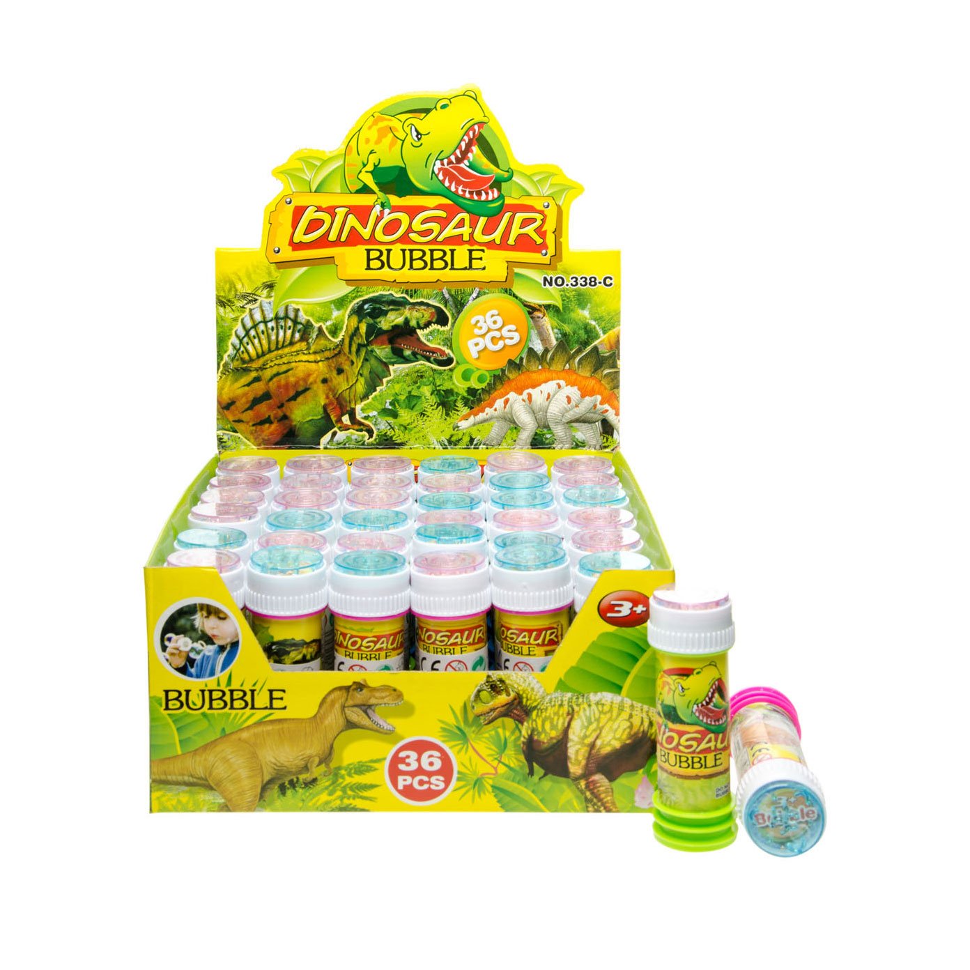 bellenblaas-dinosaurus-display-36-stuks Display doos Bellenblaas Dino set 36 stuks kleurrijk kinderspeelgoed
