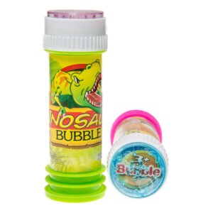 Dinosaur bellenblaas flesje close up met groene voet en transparante dop