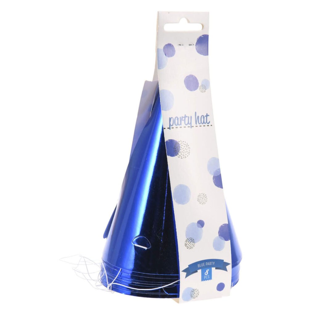Blauwe metallic feesthoedjes set in verpakking met stippen design Hoedje Papier Blauw