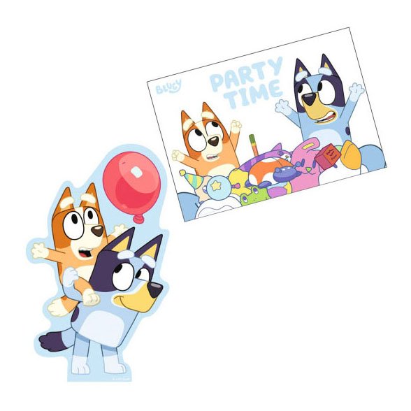 Bluey en Bingo vieren feest met rode ballon en speelgoed Uitnodigingen met Enveloppen Bluey