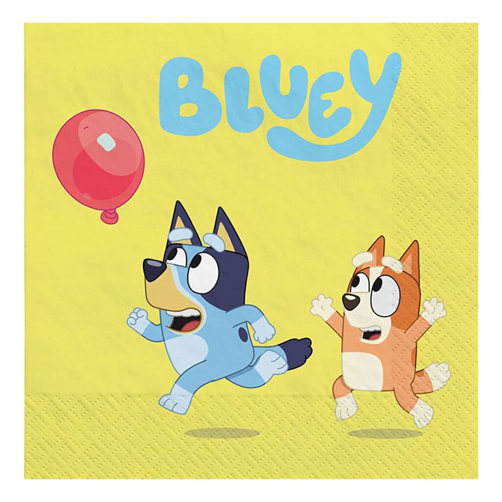 Bluey en Bingo rennen achter rode ballon op gele servet Servetten Bluey