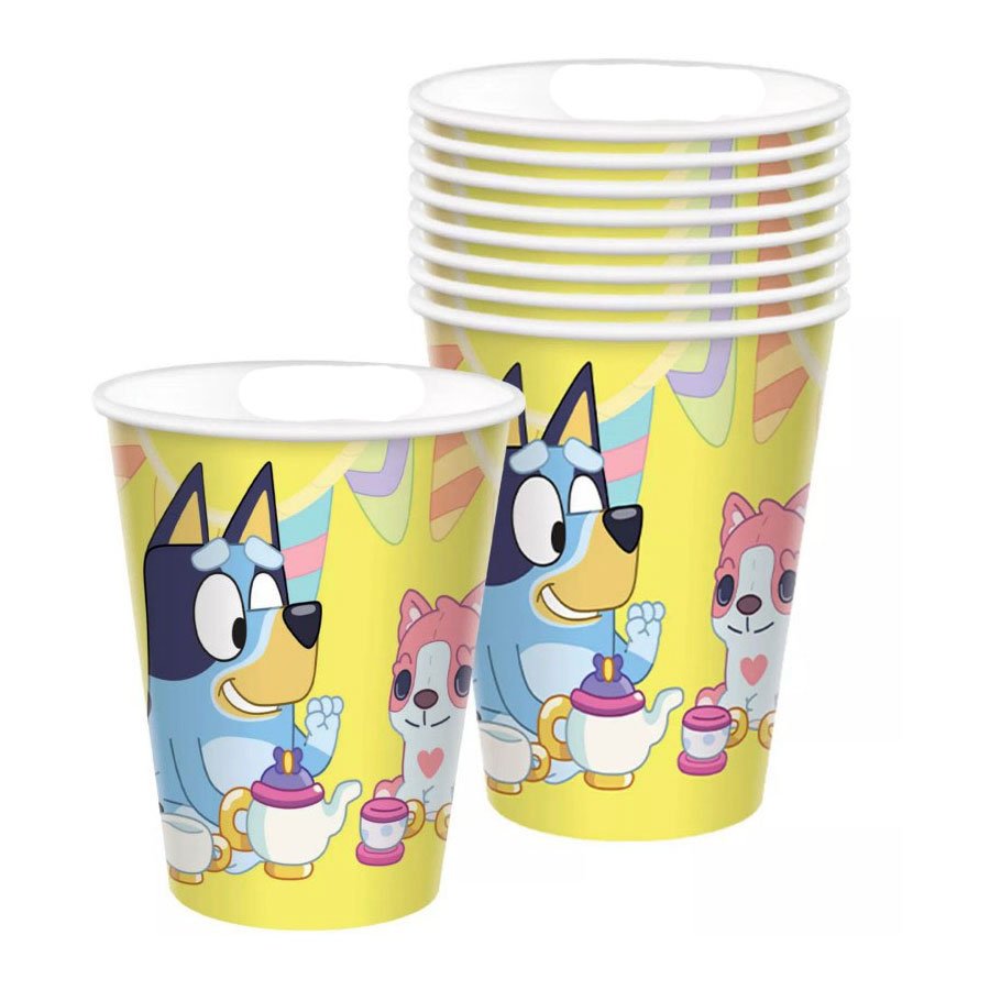 Bluey wegwerpbekers geel met vrolijke theeservies print voor kinderfeestje Papieren Bekers Bluey