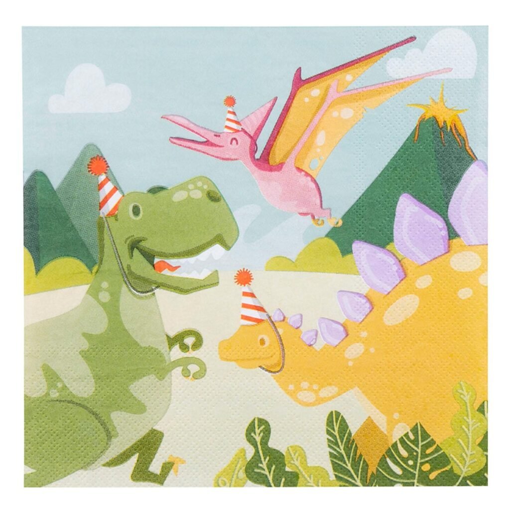 illustratie van vrolijke dinosaurussen met feesthoedjes in kleurrijk landschap Servetten Dino Party