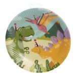 Papieren bord met vrolijke dinosaurus illustraties en feesthoedjes Papieren Bordjes Dino Party