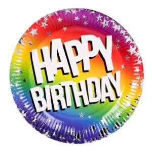 Regenboogkleurig happy birthday wegwerpbord met zilveren sterretjes rand Papieren borden Happy Birthday 23cm
