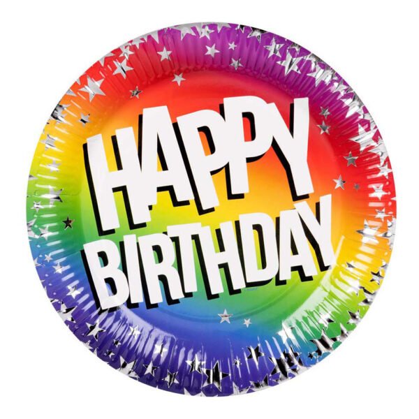 Regenboogkleurig happy birthday wegwerpbord met zilveren sterretjes rand Papieren borden Happy Birthday 23cm